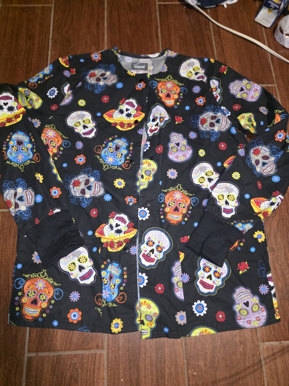 Black Sugar Skull Print Utility Jacket - Multicolor Floral Accents
